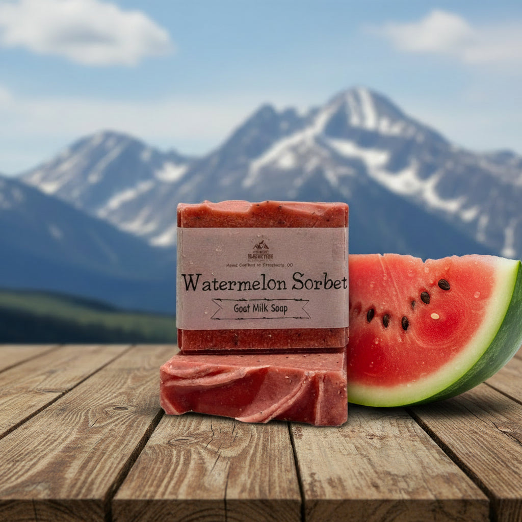 Red watermelon sorbet goat milk soap with a label with mountains in the background