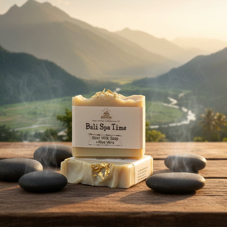 light green bars of soap stacked and sitting on a wooden table with mountains in the background and hot stones beside them