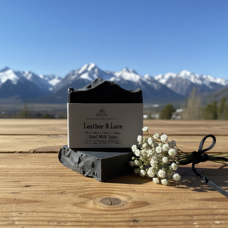 Bar of soap with a mountainous landscape in the background