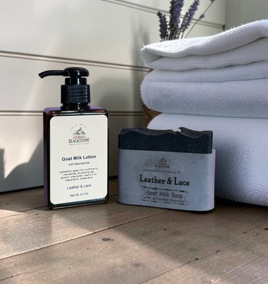 Leather & Lace Goat Milk Soap Bar with Activated Charcoal & Lotion Set