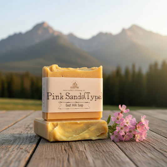 Bar of goat milk soap with a label with mountains in the background