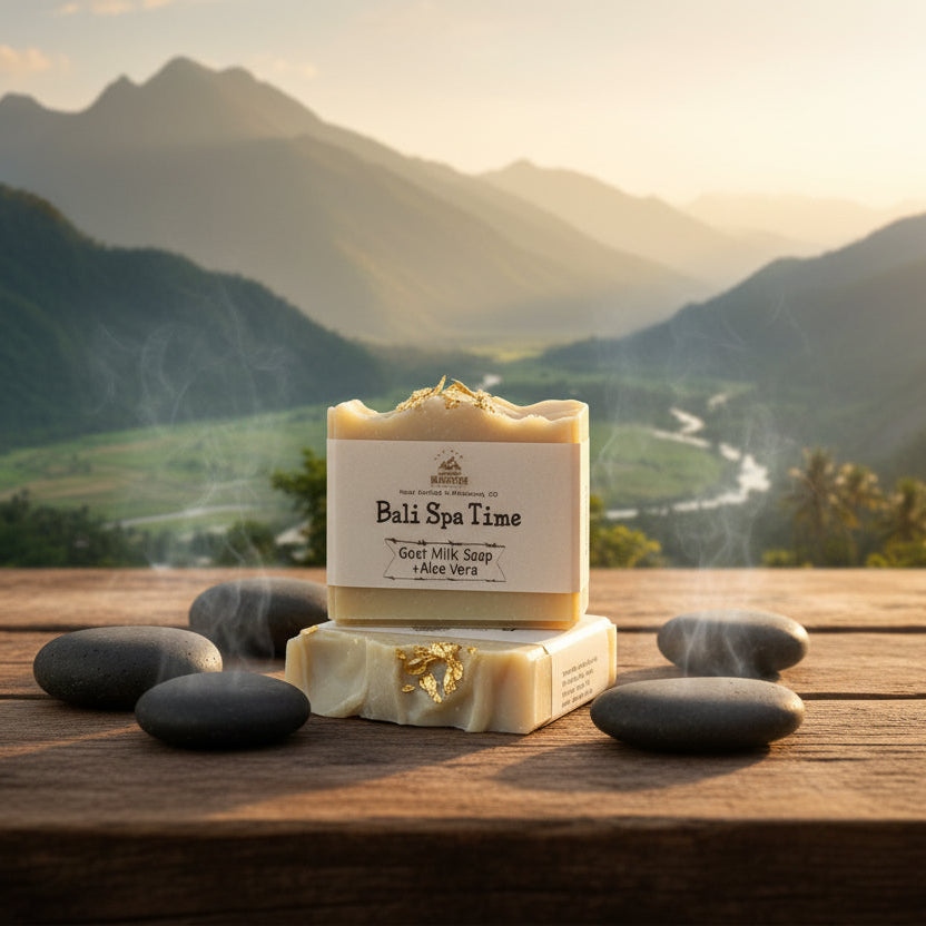 light green bars of soap stacked and sitting on a wooden table with mountains in the background and hot stones beside them 